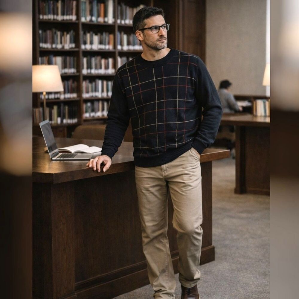 Vtg Pebble Beach Pima Cotton Sweater Mens L Black Grid Plaid Crew Dark Academia